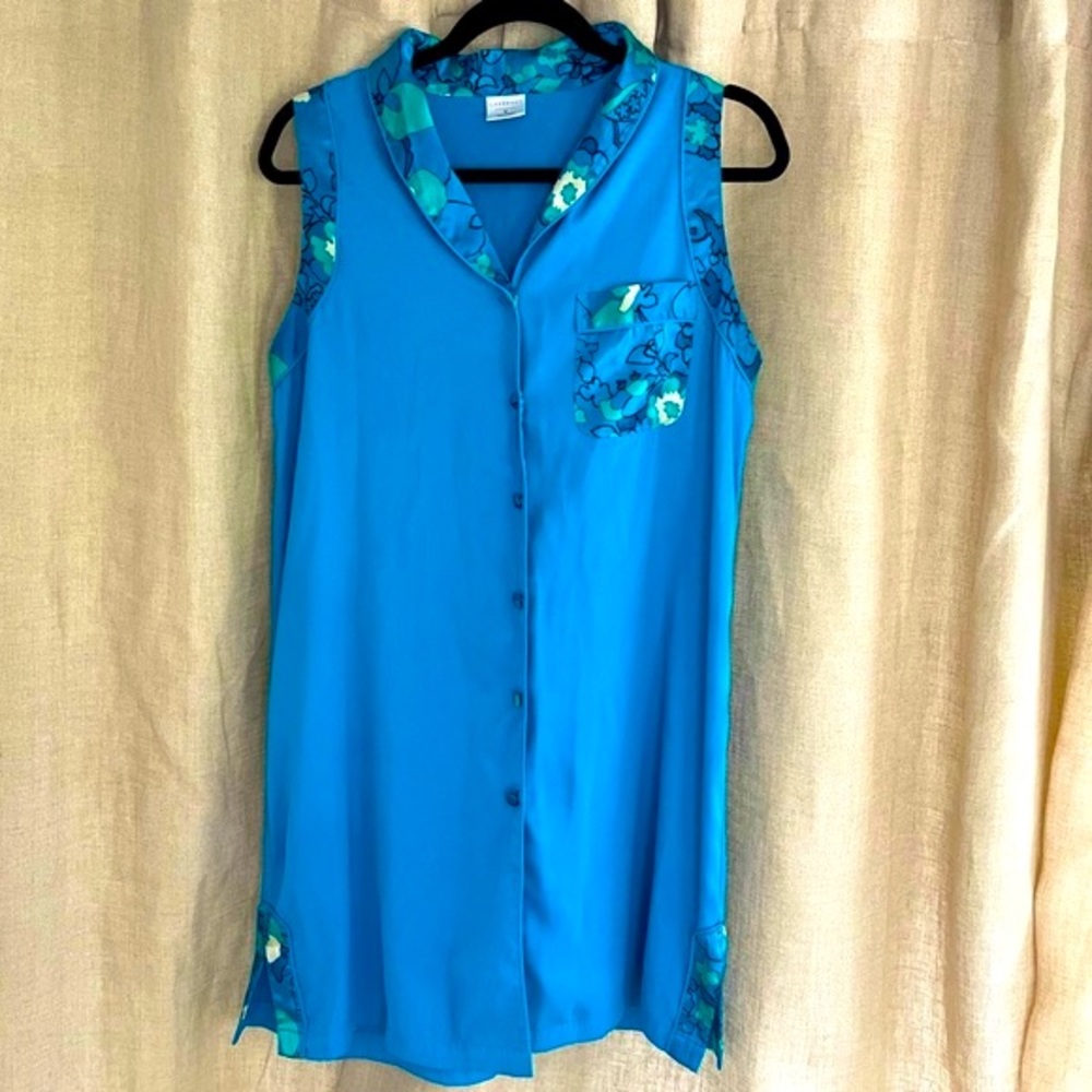 Retro Blue silky button up sleep shirt sleeveless w contrasting notched collar